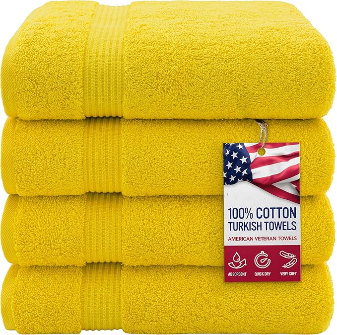 American Veteran Towel, 100% Cotton Turkish Bath Towels for Bathroom 4 Pack, 27x54 Extra Large Premium Soft Drying Bathroom Towels, Yellow
