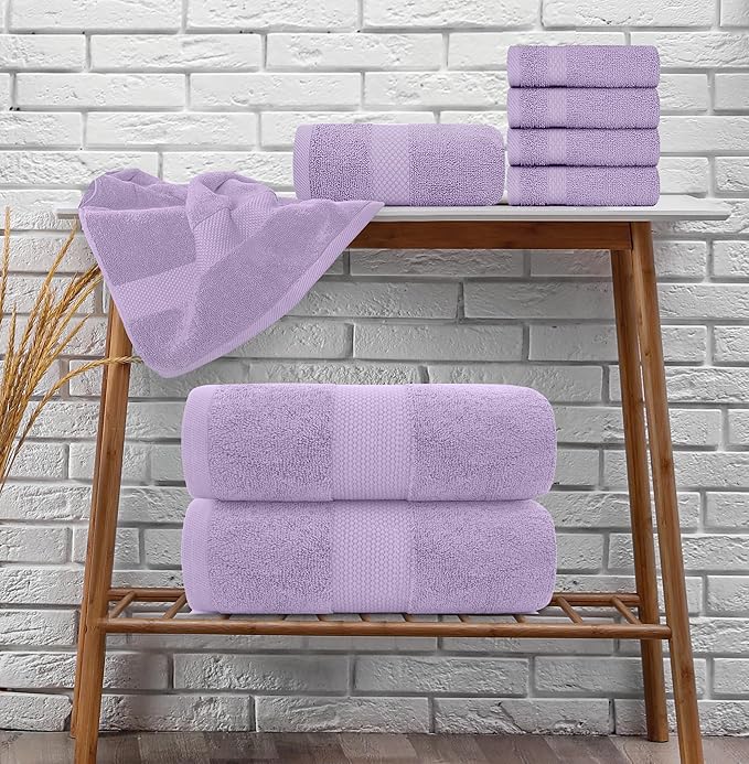 White Classic Luxury Bath Towel Set of 8 Pieces - 100% Turkish Cotton Highly Absorbent Towels for Bathroom, 2 Luxury Bath Towels 700GSM, 2 Hand Towels, 4 Washcloths, Lavender