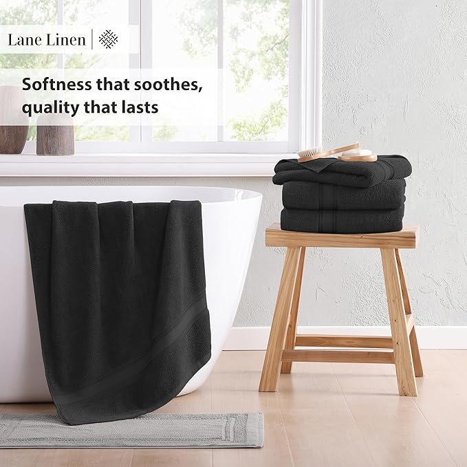 LANE LINEN 100% Cotton Bath Towels 4 Pack (28"x54") - Zero Twist, Mercerized Cotton Large Towel Set for Bathroom - Quick Dry, Soft & Absorbent Large Bath Towel Set - Oeko Tex Certified - Black Towels