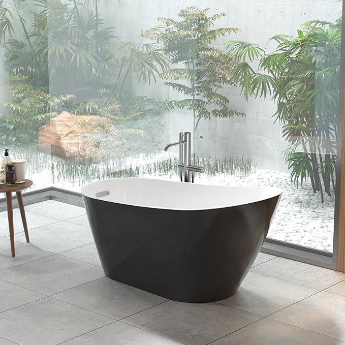 Freestanding Bathtubs 67 inch Acrylic Stand Alone Tub – Black Exterior White Interior, Chrome Drain, Deep Ergonomic Oval Soaking Tub, Modern Freestanding Tub for Bathroom, Family Use