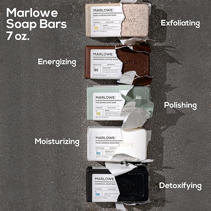 MARLOWE. No. 109 Coffee Bar Soap 7 oz (6 Bars) – Exfoliating Body Scrub for Men with Natural Extracts, Caffeine, Coffee Bean & Cocoa Butter – Energizing Fresh Brewed Scent