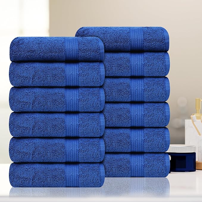 Ample Decor Hand Towels 18 X 28 Inch Set of 12 600 GSM 100% Cotton, Soft Absorbent Thick Durable Premium Quality, for Hotel, Bathroom, Spa, Daily Use, Gym - Machine Washable - Navy Blue