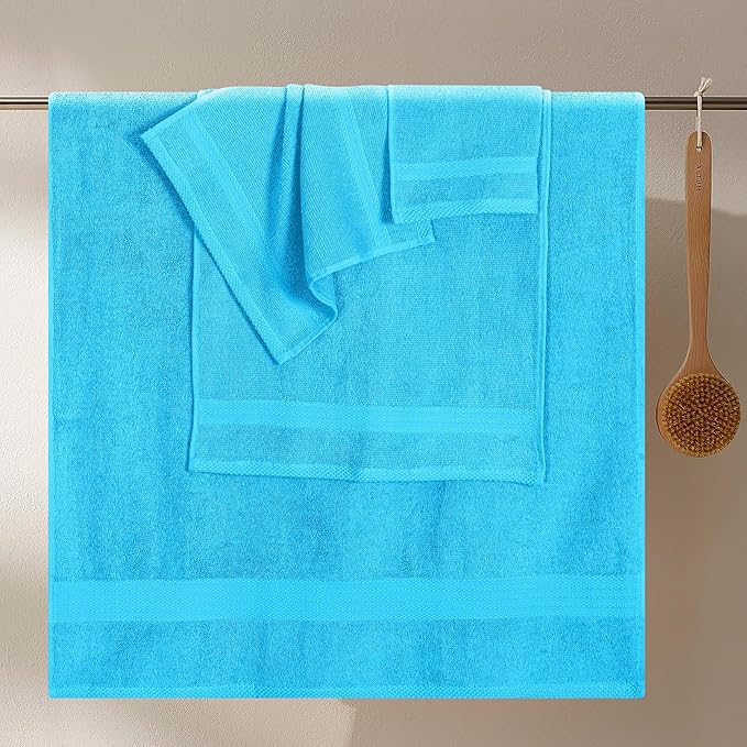 GLAMBURG Ultra Soft 8-Piece Towel Set -100% Pure Ringspun Cotton, Contains 2 Oversized Bath Towels 27x54, 2 Hand Towels 16x28, 4 Wash Cloths 13x13 - Ideal for Everyday use, Hotel & Spa -Turquoise Blue