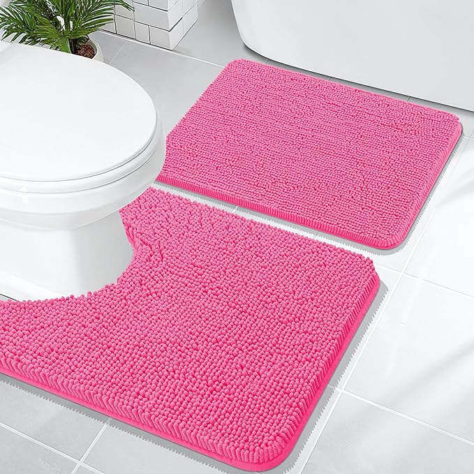 OLANLY Bathroom Rugs Sets 2 Piece, Soft Absorbent Chenille Bath Mats and U-Shaped Contour Toilet Mat Area Rug Set, Machine Washable Bath Carpet, Home Decor Accessories(24"x16"+24"x20", Hot Pink)