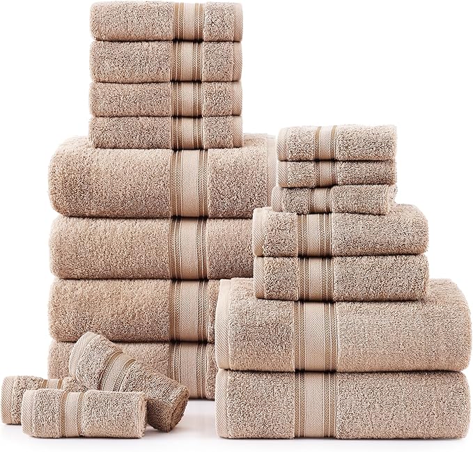 LANE LINEN Towel Set for Bathroom – 18-Pack 100% Cotton, Zero Twist, Includes 6 Bath, 6 Hand & 6 Washcloth, Suitable for All Body Types, Soft & Quick Dry, Ideal for Airbnb & Spa - Tapue