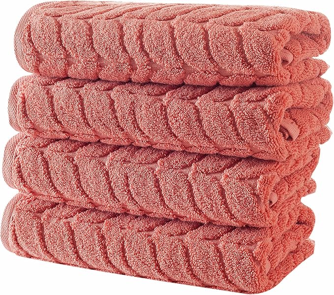 BAGNO MILANO Turkish Bath Towels, Soft Plush Jacquard Luxury Bath Towels, Quick Dry Towel Set (Coral Red, 4 Pcs Hand Towel Set)