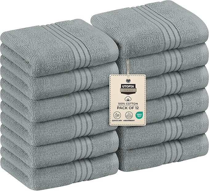 Utopia Towels 12 Pack Premium Wash Cloths Set, 12 by 12 Inches, 100% Cotton Ring Spun, Highly Absorbent and Soft Feel Washcloths for Bathroom, Spa, Gym, and Face, Cool Grey