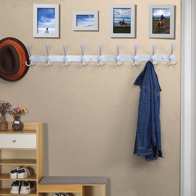 Dseap Coat Rack Wall Mount - 38” Long 10-Tri-Hooks Heavy Duty Coat Hanger Rail Wall Hooks for Hanging Coats Hats Clothing Clothes Purse Mudroom Entryway, White, Pack of 2
