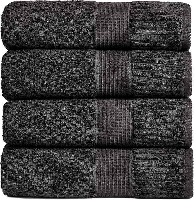 NY Loft Bath Towel 4 Pack, 100% Cotton, Super Soft & Absorbent, Quick-Dry, Textured, Durable, Premium Thick, 30" x 52", Black