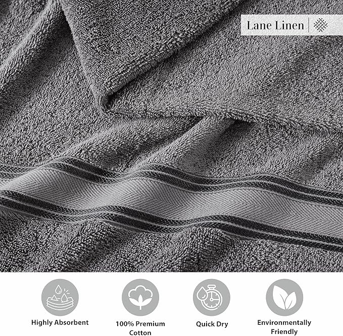 LANE LINEN 100% Cotton 4 Pack Bath Towels Set (28"x54") - Zero Twist, Large Cotton Towels for Bathroom - Quick Dry, Soft & Absorbent Bath Towel Set - Remains Soft After Multiple Washes - Cool Grey