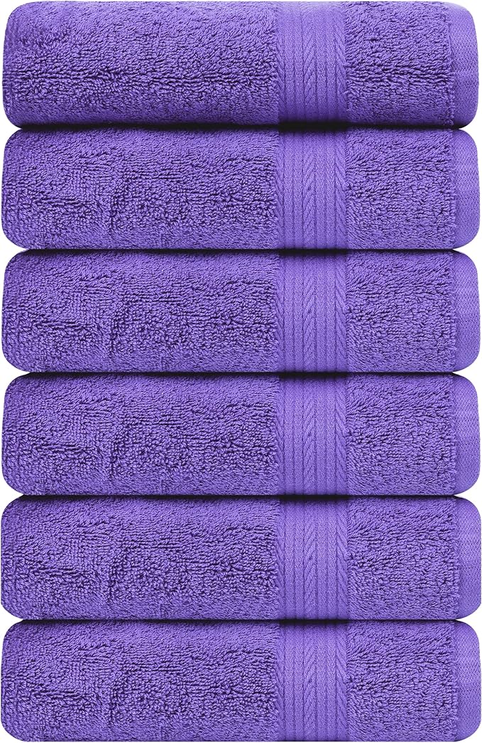 Ample Decor Bathroom Hand Towels 18 X 28 Inch 600 GSM 100% Cotton, Soft Absorbent - 6 Pcs Purple