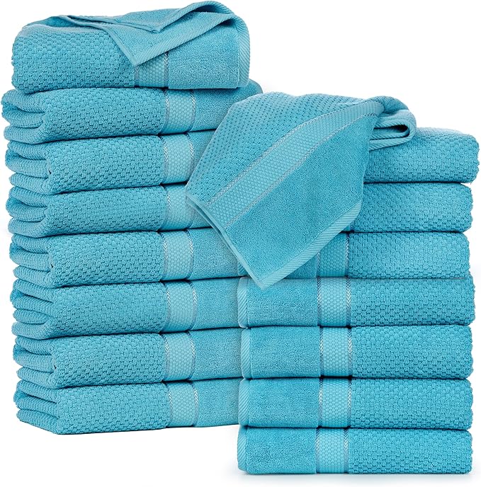 Ample Decor Bath Towels for Bathroom Set of 16 100% Cotton Sky Blue Popcorn Textured, Machine Washable - Mulaayam Collection - 30 X 54 Inch