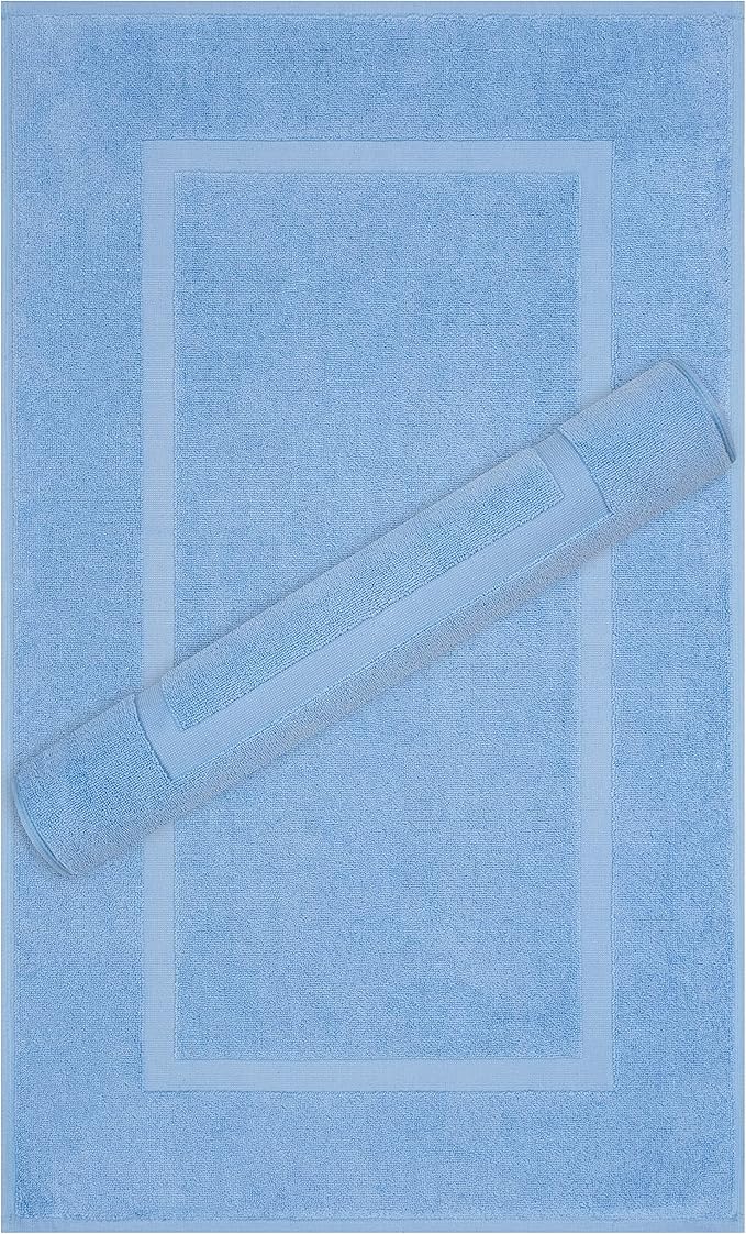 Cotton Paradise 100% Cotton Bath Mats for Bathroom Floor Set of 2 Pack, 20x34 Soft Absorbent Washable Quick Dry Tub Bathmat, Sky Blue Towel Bath Mat