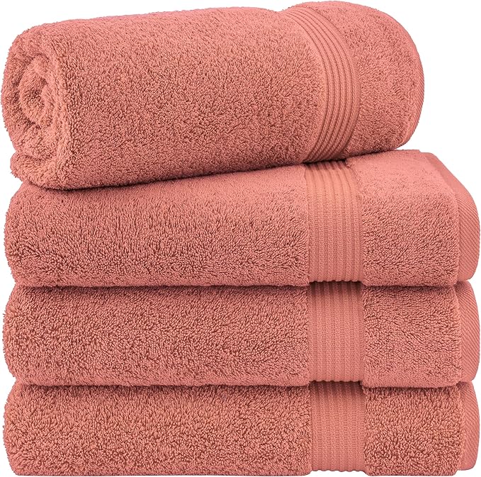 Cotton Paradise 4 Piece Turkish Bath Towels for Bathroom, 100% Cotton Extra Large Soft Plush Towels Bathroom Set, Coral