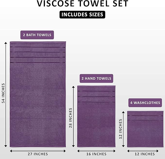 Utopia Towels 8 Piece Luxury Towel Set, 2 Bath, 2 Hand, and 4 Wash Cloths, 600 GSM Ring Spun Cotton, Highly Absorbent Viscose Stripe Towels, Ideal for Everyday use, Plum