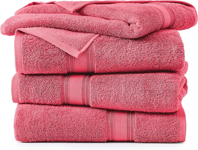 Lane Linen 100% Cotton Large Bath Towels Set of 4 (28"x54") - Zero Twist, Mercerized Cotton Bathroom Towel Sets - Quick Dry, Soft & Absorbent Large Towels Set - Dorm Essentials for Girls - Honeysuckle