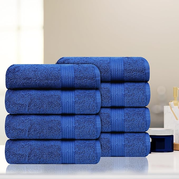 Ample Decor Hand Towel 18 X 28 Inch Set of 8 600 GSM 100% Cotton, Soft Absorbent Thick Durable Premium Quality, for Hotel, Bathroom, Spa, Daily Use, Gym - Navy Blue