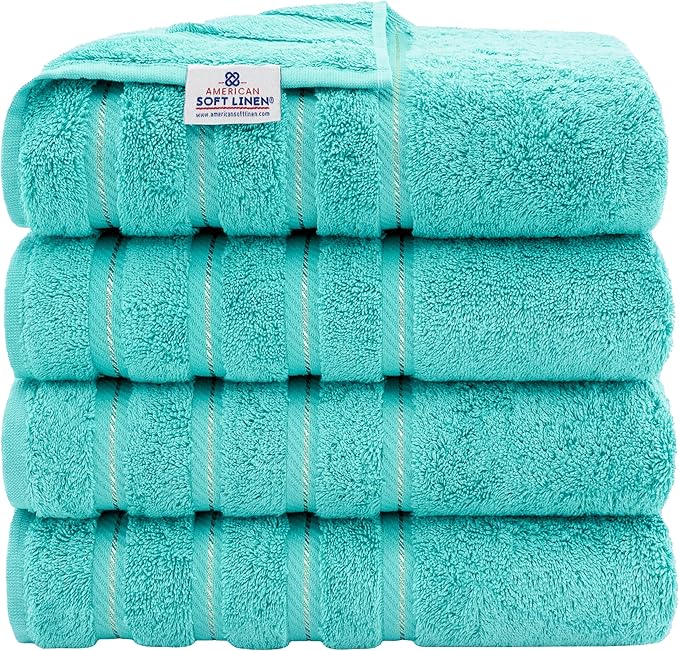 American Soft Linen Luxury 4 Piece Bath Towel Set, 600 GSM 100% Cotton Turkish Bath Towels for Bathroom, 27x54 in Large Bathroom Shower Towels, Turquoise Blue