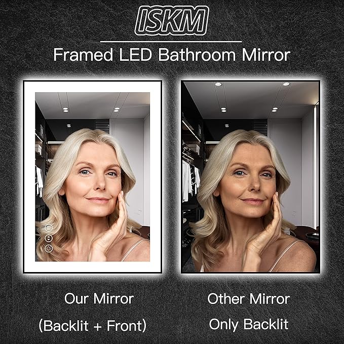 ISKM Framed LED Mirror for Bathroom 36"x32", Dimmable LED Bathroom Mirror with Lights, Anti-Fog, Front and Backlit Lighted Mirror 3-Colors, Shatterproof, Memory Function