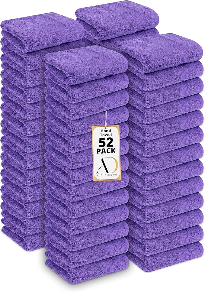 Ample Decor Hand Towel 18 X 28 Inch Pack of 52 600 GSM 100% Cotton, Soft Absorbent Thick Durable Premium Quality, for Hotel, Bathroom, Spa, Daily Use, Gym - Machine Washable - Purple
