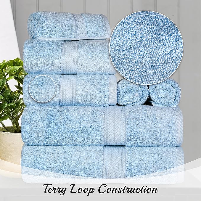 BNM Egyptian Cotton Heavyweight Towels, Ideal for Bathroom, Shower, Spa, Hotel, 800 GSM, Face/Washcloths, Hand Towels, Bath Towels, Highly-Absorbent, Luxury Home Basics, 9 Piece Towel Set, Light Blue