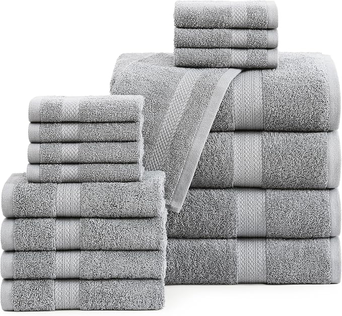 LANE LINEN 100% Cotton Luxury Bathroom Towel Set - 16 Pcs - Ring Spun, Quick Dry, Super Soft & Highly Absorbent - 4 Bath, 8 Washcloths, 4 Hand Towels - Pre Shrunk, Can be Used in Salon - Space Grey
