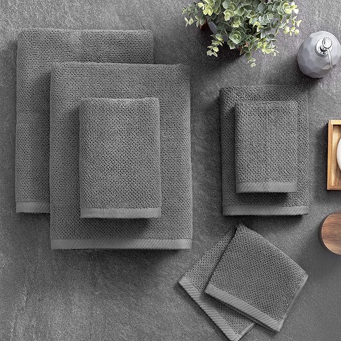 Welhome Franklin 100% Cotton Popcorn Textured Towel Set - 6 Piece 600 GSM, Soft & Plush, 2 Bath Towels, 2 Hand Towels, 2 Washcloths, Dark Gray